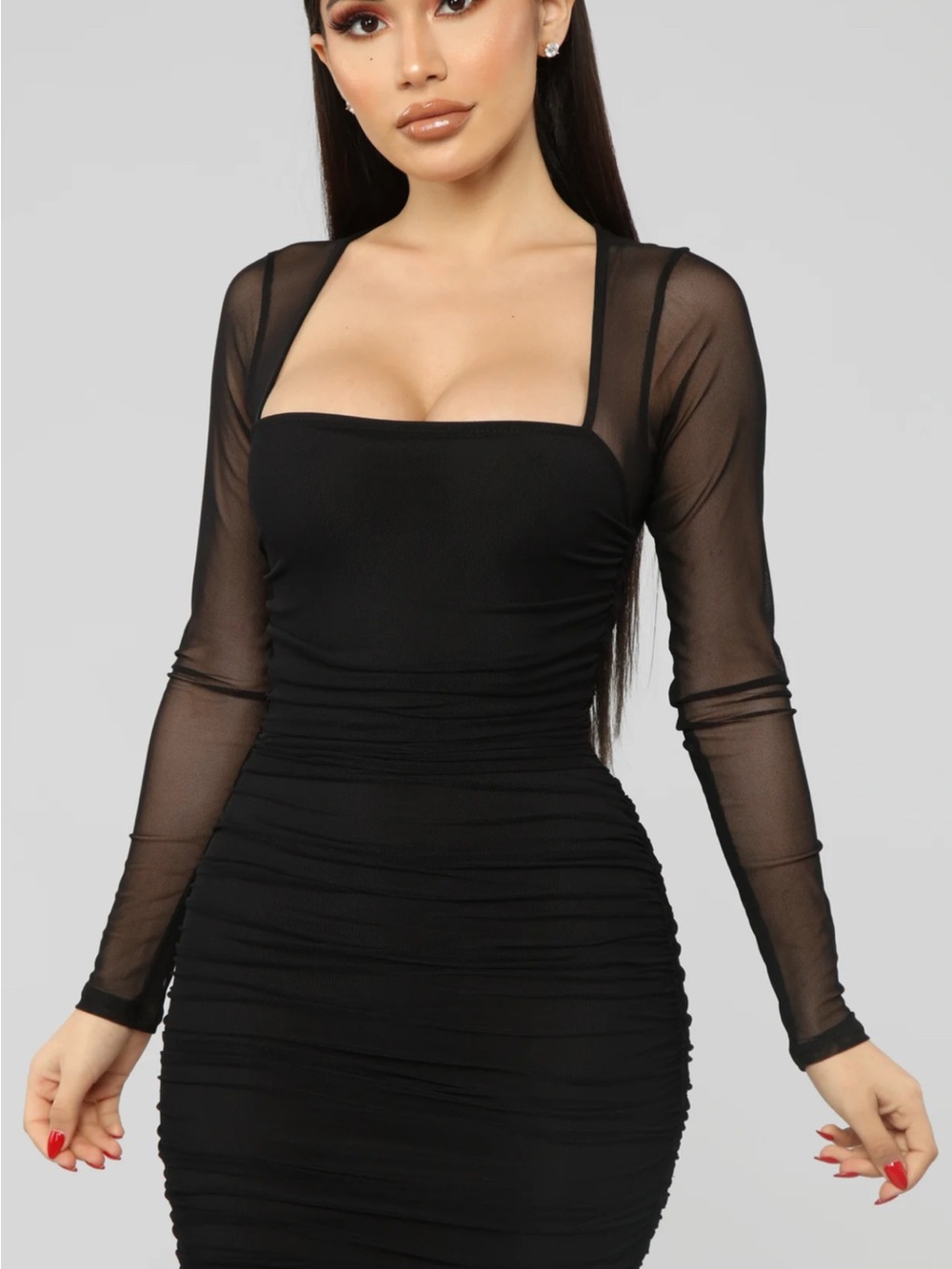 Black Mesh Sleeve Square Neck Bodycon Dress
